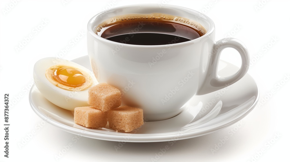 A cup of black coffee with sugar cubes and an egg on the saucer, on an isolated white background A cup of black coffee with sugar cubes and an egg on the saucer, on an isolated white background