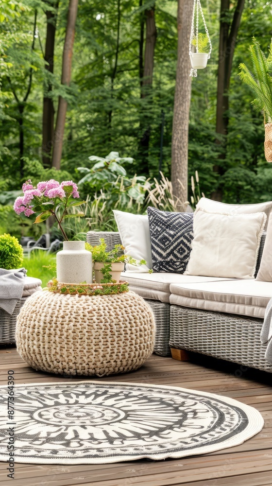 A white couch with pillows sits on a wooden deck with a bouquet of daisies in a vase and candles on a coffee table A white couch with pillows sits on a wooden deck with a bouquet of daisies in a vase and candles on a coffee table