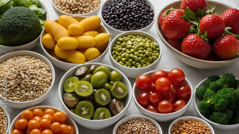 A variety of fresh fruits, vegetables, grains, and nuts displayed on a white surface