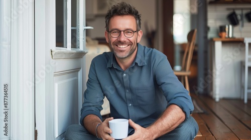 A happy, smiling man in his thirties is sitting on the floor of an open door holding a white cup of tea or coffee while looking at the camera