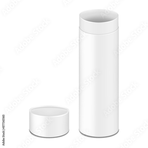 Open empty white blank tall tube shaped gift box with lid. Realistic 3d vector mock-up. Cardboard tubular cylinder box packaging. Mockup. Template for design