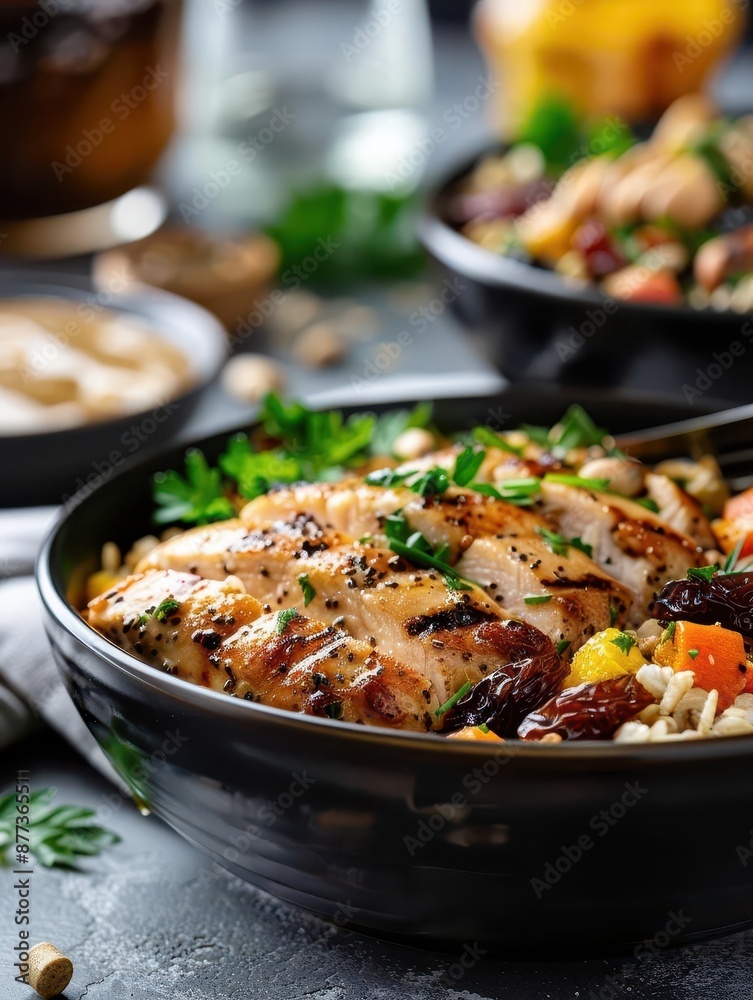 Grilled chicken with rice, vegetables, and dried fruit in a bowl. Grilled chicken with rice, vegetables, and dried fruit in a bowl.