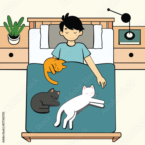 boy sleeping whith  yours cats