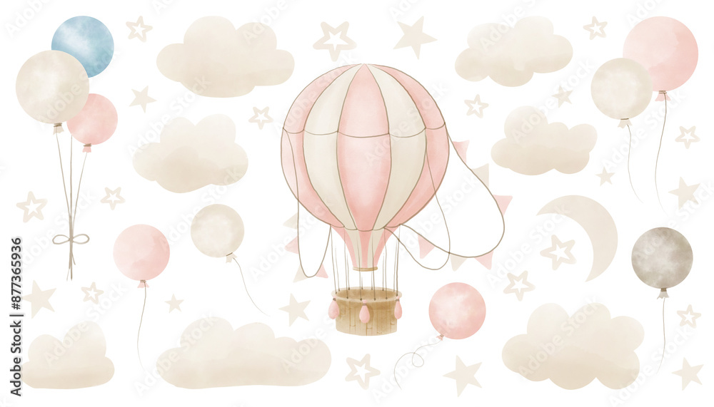 custom made wallpaper toronto digitalWatercolor hot Air Balloon with garlands, clouds and stars. Hand drawn Baby illustration of vintage aircraft in pastel pink end beige colors. Cute drawing for newborn shower or kid birthday.