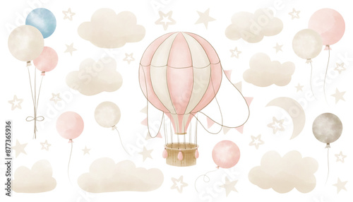 Watercolor hot Air Balloon with garlands, clouds and stars. Hand drawn Baby illustration of vintage aircraft in pastel pink end beige colors. Cute drawing for newborn shower or kid birthday.