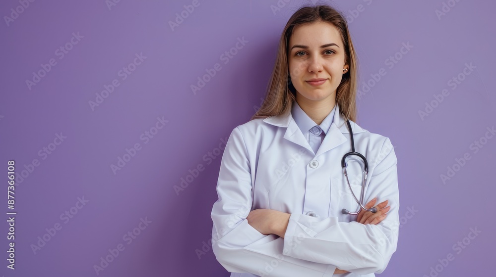 A young doctor is a woman in a white coat on a purple background. She looks at the camera and smiles. The concept of health and care. A young doctor is a woman in a white coat on a purple background. She looks at the camera and smiles. The concept of health and care.