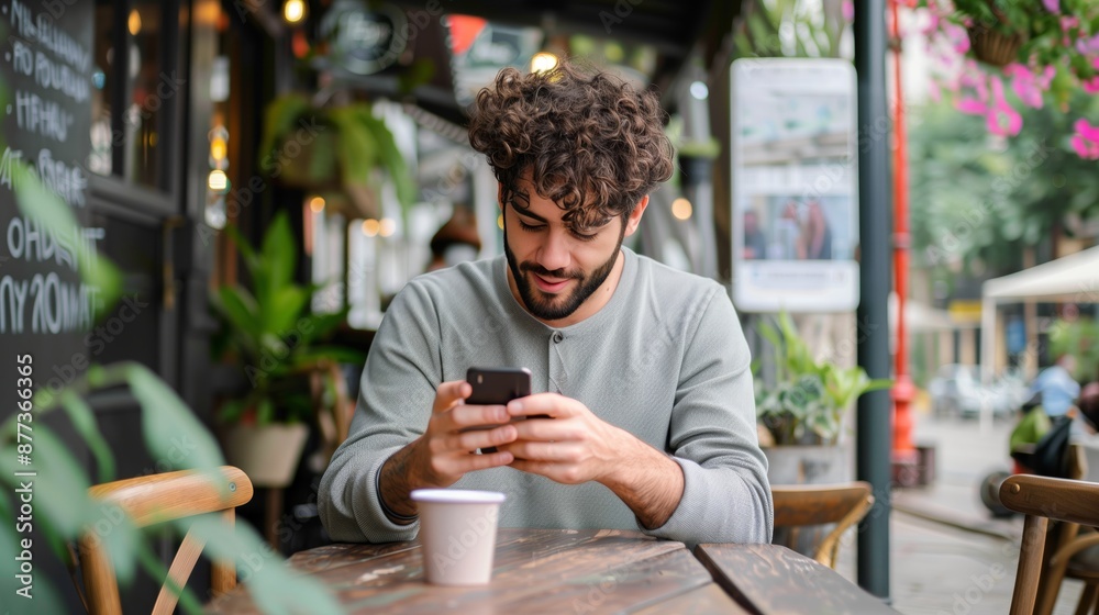 Young man sitting at an outdoor cafe table, looking down and holding his phone in one hand while typing on it with the other hand Young man sitting at an outdoor cafe table, looking down and holding his phone in one hand while typing on it with the other hand