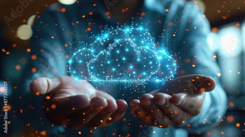 An imaginative digital representation of a glowing cloud of data being gently held by a pair of human hands, symbolizing cloud storage and connected technology. photo