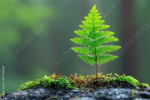 Single resilient fern plant growing on a mossy rock in a lush green forest photo