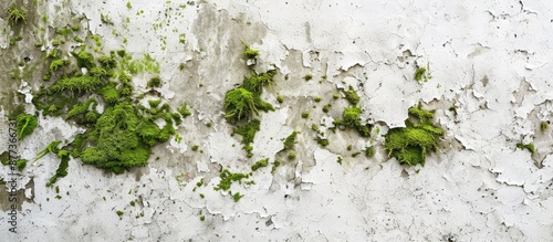 Moss and algae thrive on an aged white wall background due to damp conditions presenting a picturesque copy space image