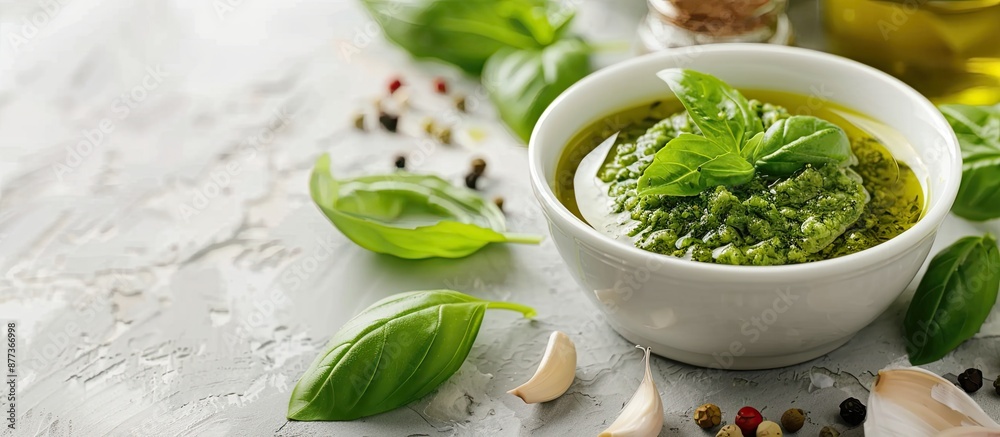 Ingredients for pesto sauce arranged on a desk with a copy space image available Ingredients for pesto sauce arranged on a desk with a copy space image available
