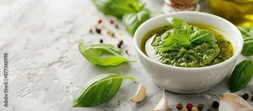 Ingredients for pesto sauce arranged on a desk with a copy space image available