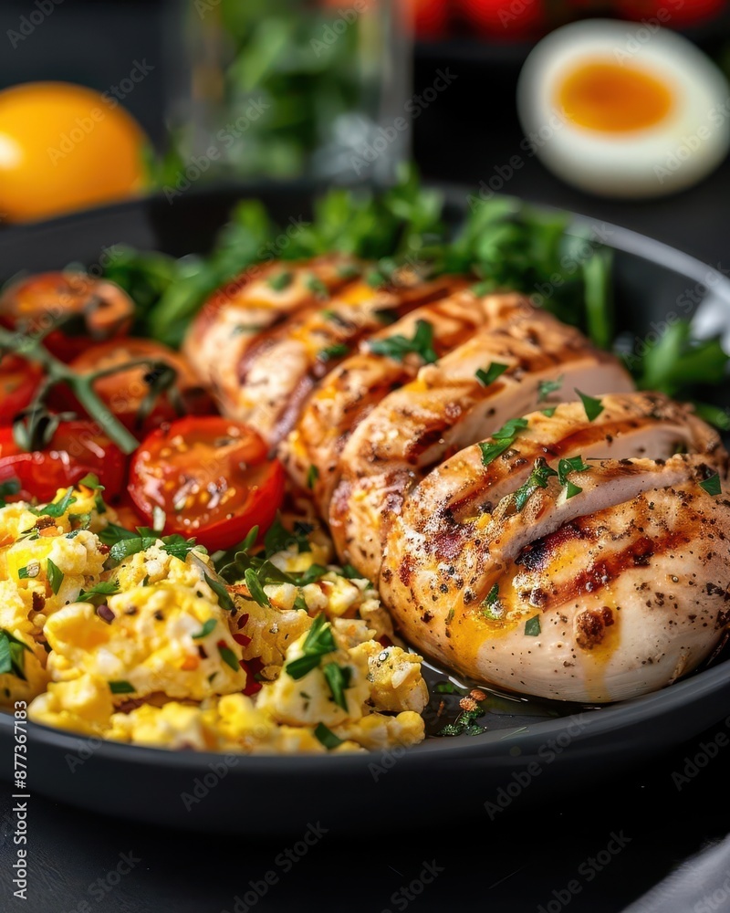 Grilled chicken breast with scrambled eggs and cherry tomatoes.