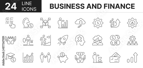Collection of 24 business and finance line icons featuring editable strokes. These outline icons depict various modes of business and finance, check, bill, folder, euro, arrow, balance, auction,