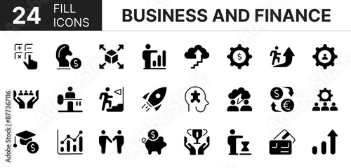 Collection of 24 business and finance fill icons featuring editable strokes. These outline icons depict various modes of business and finance, check, bill, folder, euro, arrow, balance, auction,
