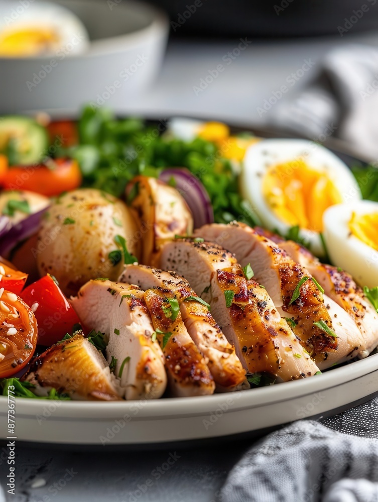 Close-up of a delicious chicken salad with roasted potatoes, tomatoes, and eggs. Close-up of a delicious chicken salad with roasted potatoes, tomatoes, and eggs.