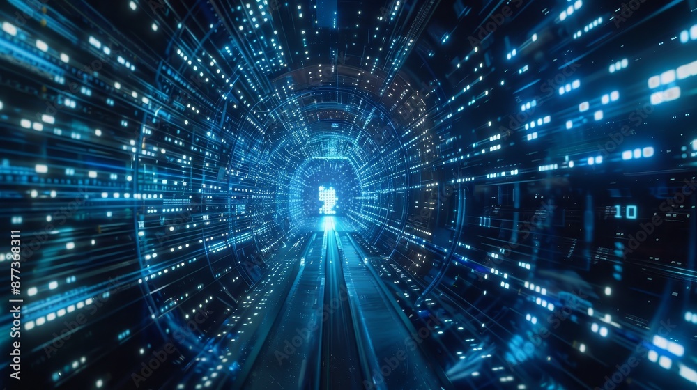 3D rendering of a blue tunnel made out of zeros and ones. Technology background. IT, binary data transfer, digital technologies concepts. 3D rendering of a blue tunnel made out of zeros and ones. Technology background. IT, binary data transfer, digital technologies concepts.