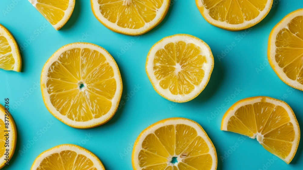 Fototapeta premium Slices of lemons arranged on a blue surface