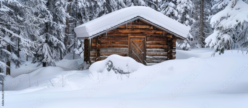 Snow covers the roof walls and door of a log cabin creating a serene winter scene with an abundance of copy space image Snow covers the roof walls and door of a log cabin creating a serene winter scene with an abundance of copy space image