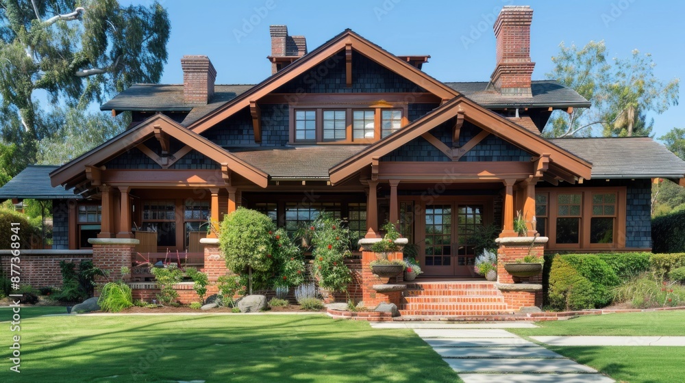 Create a prompt for a photo realistic image of a Craftsman style house with a gable roof, tapered columns, and detailed woodwork.