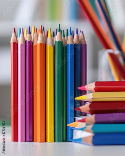 Colorful pencils on a stack of books in front of a green chalkboard.