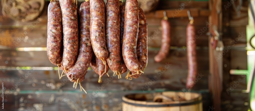 Fototapeta premium Sausages hanging against a rustic backdrop creating an appealing display with a country charm suitable for use as a copy space image