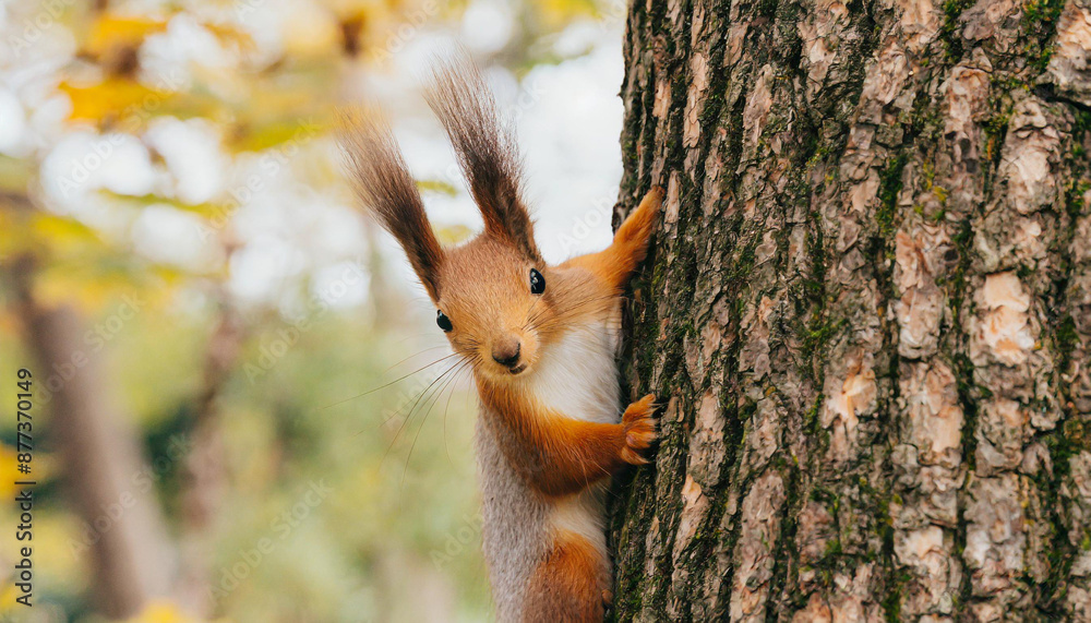 Curious red squirrel peeking behind the tree trunk Curious red squirrel peeking behind the tree trunk
