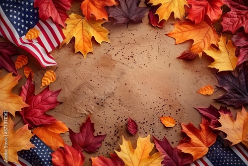 Bright vector background for Thanksgiving Day, 'THANKSGIVING DAY' text with American flags and fall leaves, top view photo