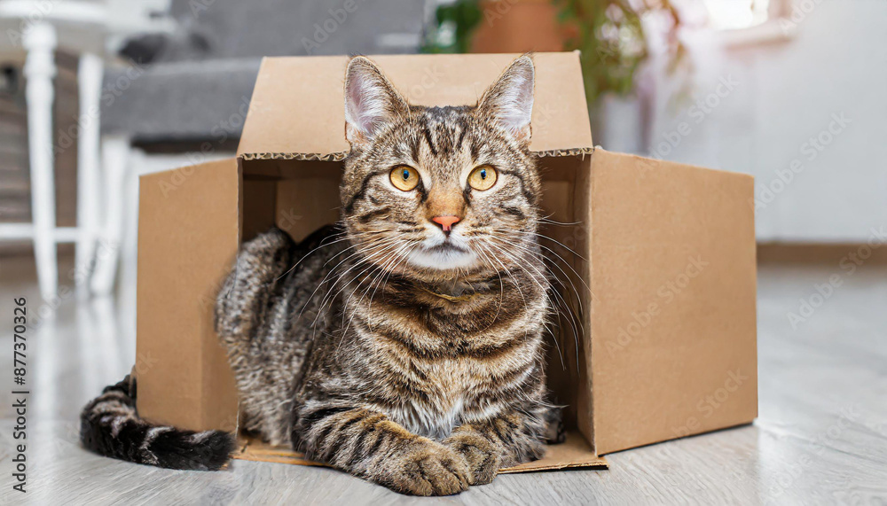 Cute grey tabby cat in cardboard box on floor at home Cute grey tabby cat in cardboard box on floor at home