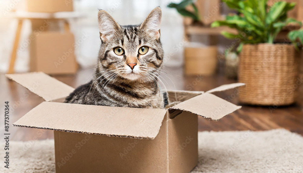 Cute grey tabby cat in cardboard box on floor at home Cute grey tabby cat in cardboard box on floor at home