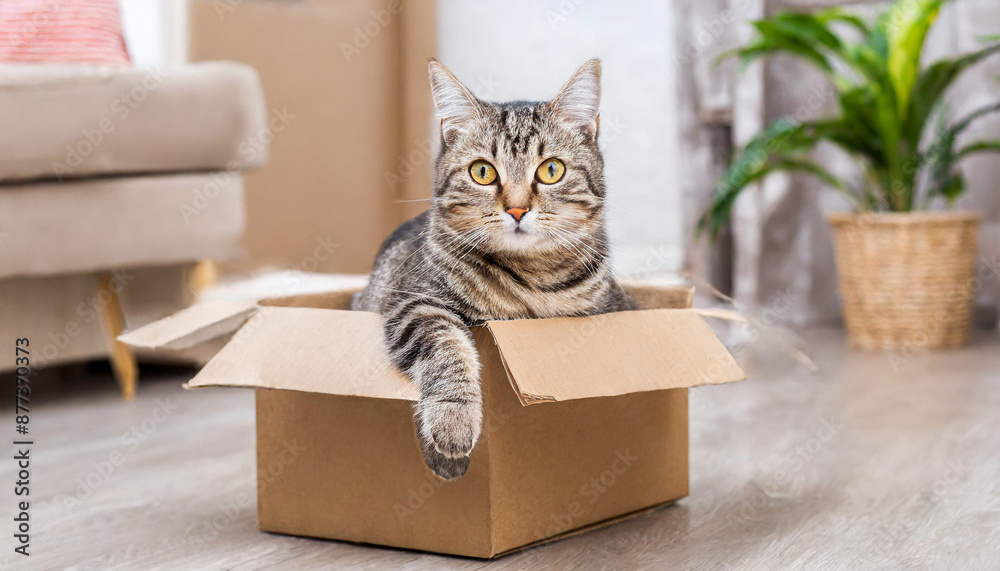 Cute grey tabby cat in cardboard box on floor at home Cute grey tabby cat in cardboard box on floor at home