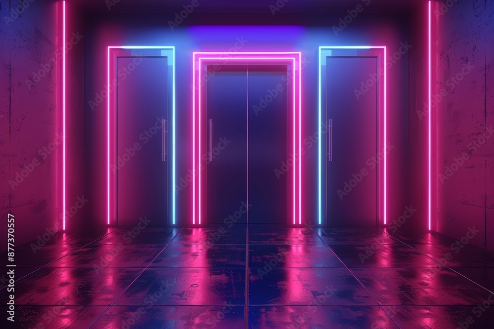 A high-tech intergalactic door with instruments, display, neon light, and a spaceship. Modeled after an AI. A high-tech intergalactic door with instruments, display, neon light, and a spaceship. Modeled after an AI.