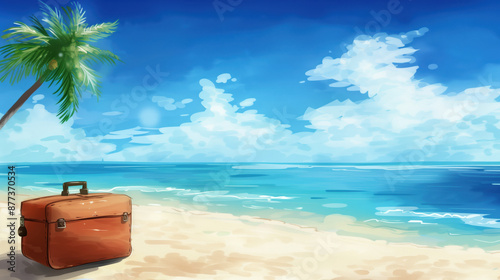 Tropical Beach Scene with Luggage and Palm Tree © Japanese_Brush