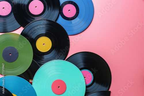 Colorful vinyl records spread on a pink background, primarily black with blue, green, and yellow, bright and eclectic, retro aesthetic, flat lay composition photo