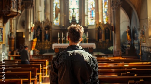 Man looking towards the altar in a church