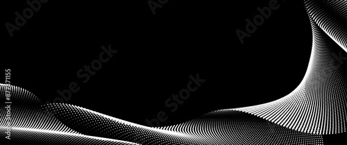 A dynamic illustration of particle waves, depicted with dots and lines in a halftone gradient, creates fluid dot curves set against a black background, perfect for technology, sound, music, and more.