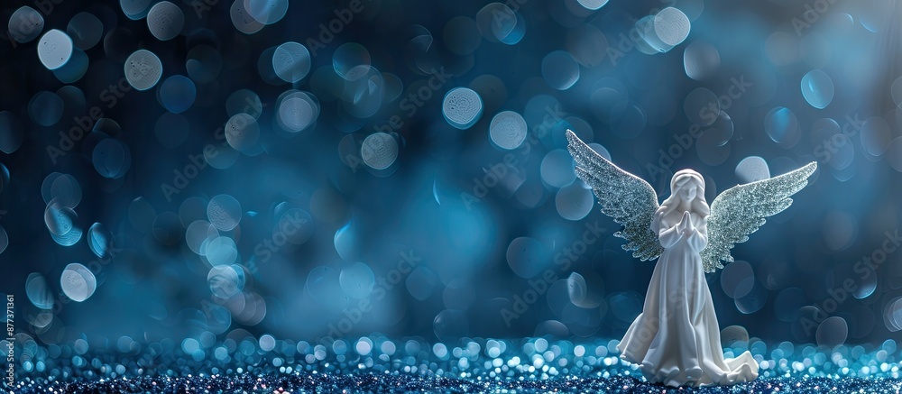 A simple holiday theme featuring a white angel centerpiece against a dark blue glitter backdrop with focus on the angel allowing for a blank area in the image. Copy space image A simple holiday theme featuring a white angel centerpiece against a dark blue glitter backdrop with focus on the angel allowing for a blank area in the image. Copy space image