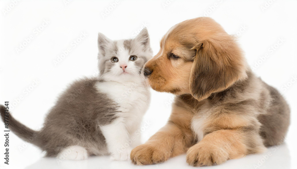 Little tabby kitten playing with little puppy Little tabby kitten playing with little puppy