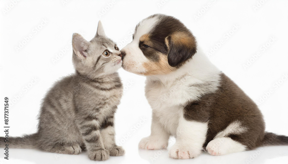 Little tabby kitten playing with little puppy Little tabby kitten playing with little puppy