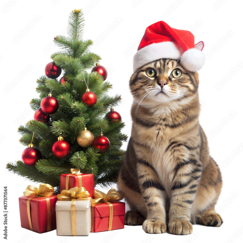 cat and christmas tree on a transparent background