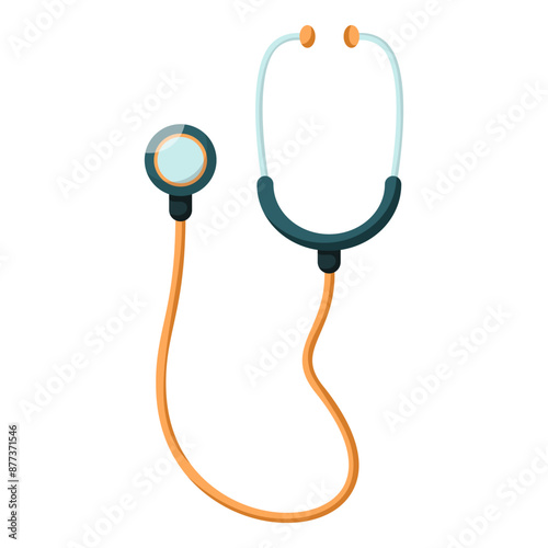 Stethoscope to listen to internal organs. Medicine elements and tools. Medical equipment to use at home. Medicines to treat diseases. First aid kit. Healthcare and medicine. Vector illustration.