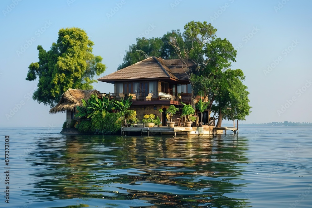 Luxurious wooden house on the water with trees growing on the island is representing a concept of living in harmony with nature Luxurious wooden house on the water with trees growing on the island is representing a concept of living in harmony with nature