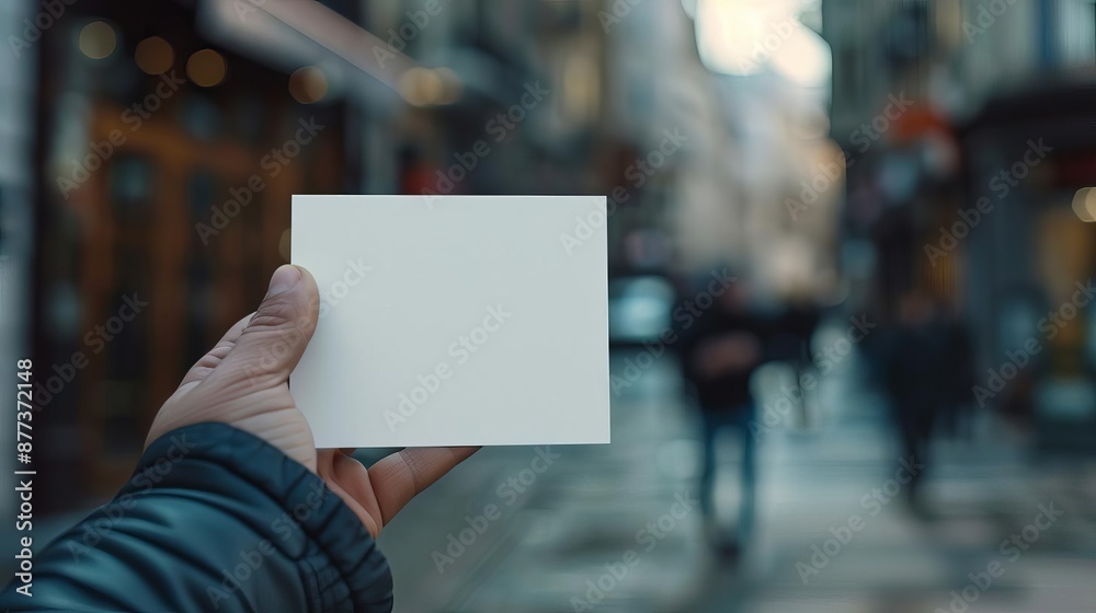 Person holding a blank card, medium shot, blurred background, focus on hand and card, modern and professional, photorealistic style Person holding a blank card, medium shot, blurred background, focus on hand and card, modern and professional, photorealistic style