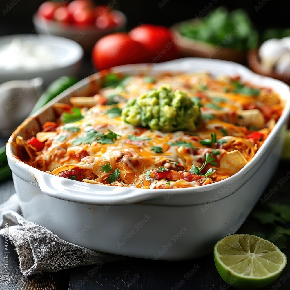 A delicious casserole of enchiladas with a dollop of guacamole on top. A delicious casserole of enchiladas with a dollop of guacamole on top.