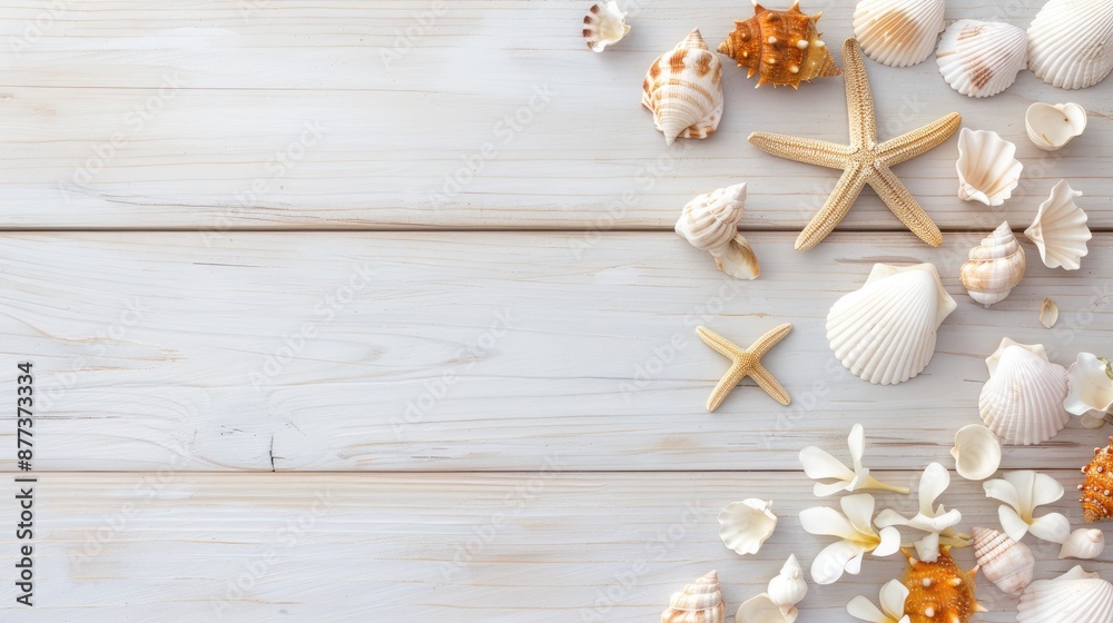 A flat lay arrangement of summer vacation essentials, including towels, sandals, sunglasses, a hat, a t-shirt, and beach accessories, all laid out on a blue wooden table