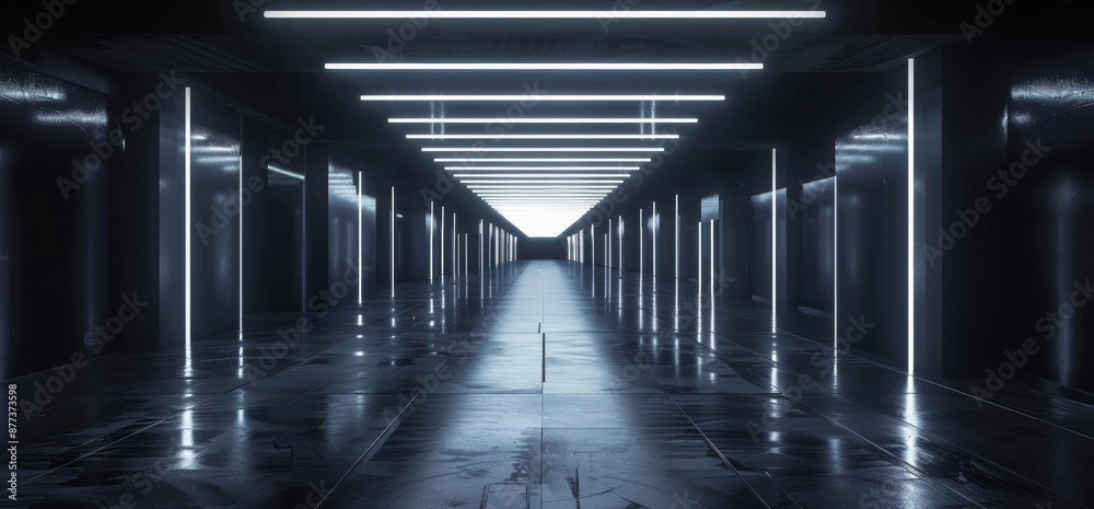 Realistic 3D rendering of a modern studio metal cement concrete asphalt garage hangar tunnel corridor showroom underground bloom lights