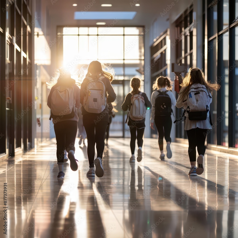 Fototapeta premium Back view of students running down a school hallway with backpacks on.