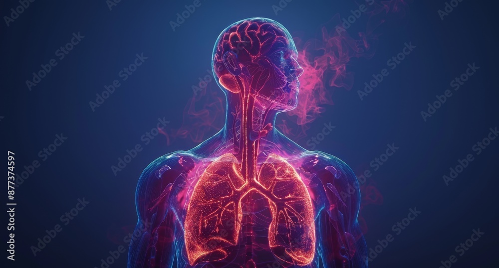 3D illustration of the human respiratory and circulatory system focusing on heart, lungs, and brain 3D illustration of the human respiratory and circulatory system focusing on heart, lungs, and brain