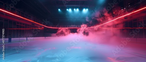 Neon spotlights, smoke, ice rink. Professional arena. Winter poster for hockey competitions. Ice skating. Stadium. Generative computer art. © Mark