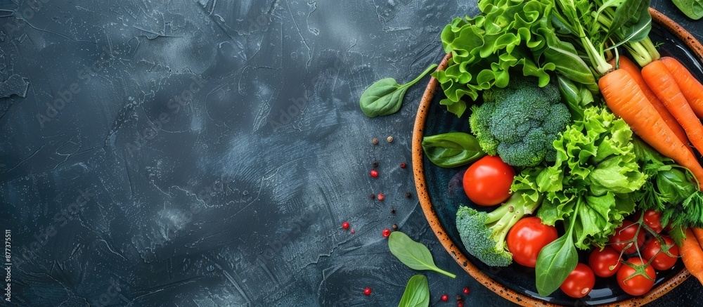 Plate showcasing various vegetables on a rustic backdrop with ample copy space image Plate showcasing various vegetables on a rustic backdrop with ample copy space image